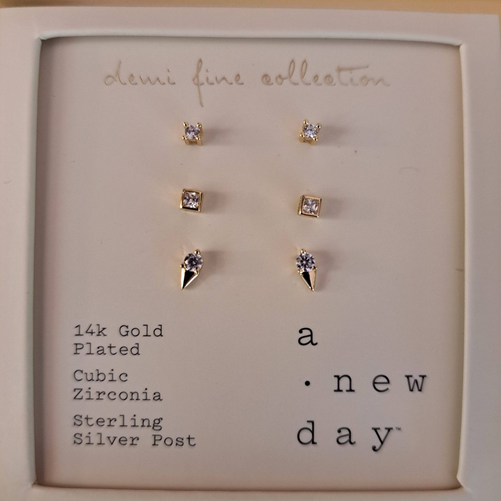 A New Day Stud Earrings Set Womens OS Gold NWT 14k Gold Plated CZ 959-200-CB6